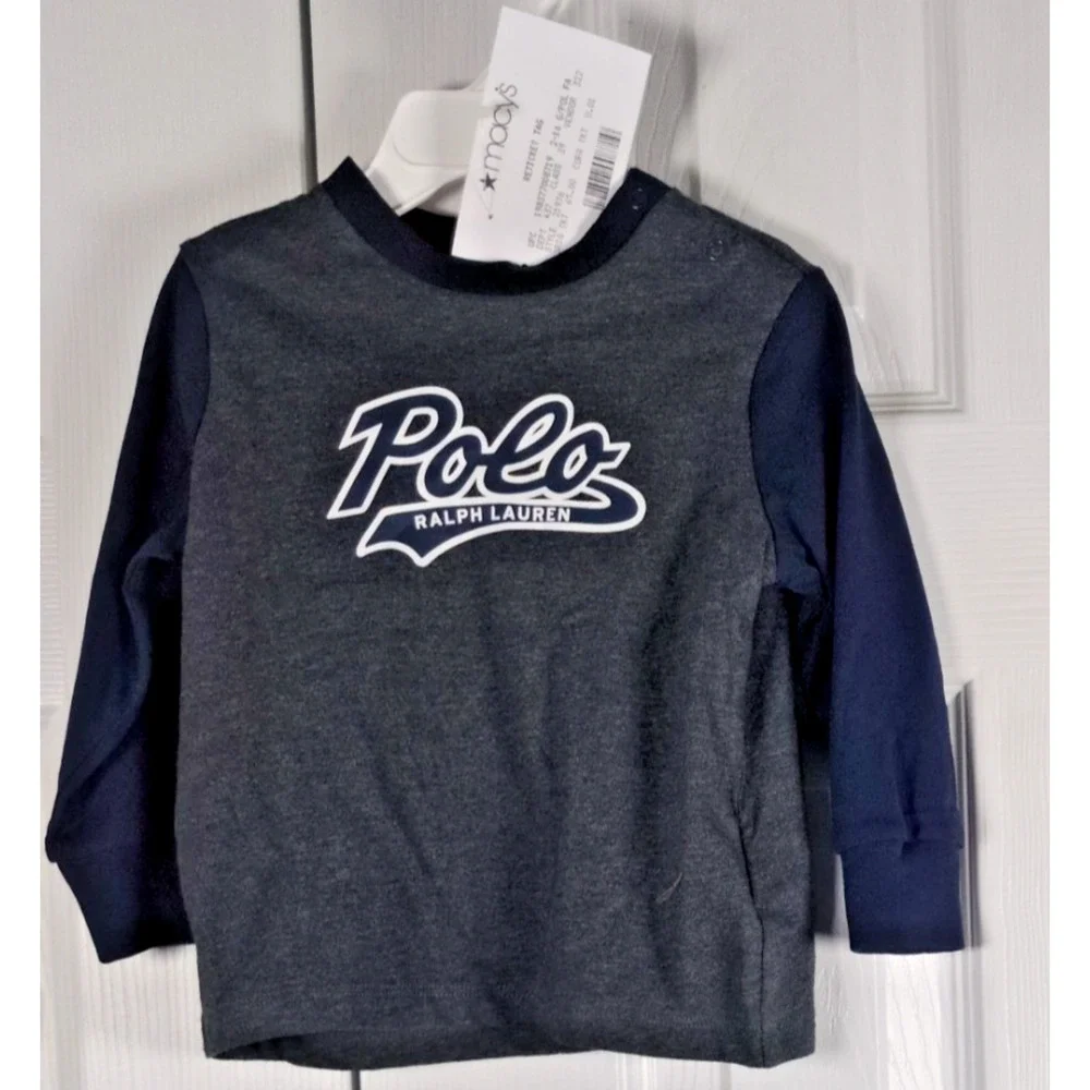 Polo Ralph Lauren Baby Boy Shirt 9M Long Sleeve Gray Blue Script Logo NWT